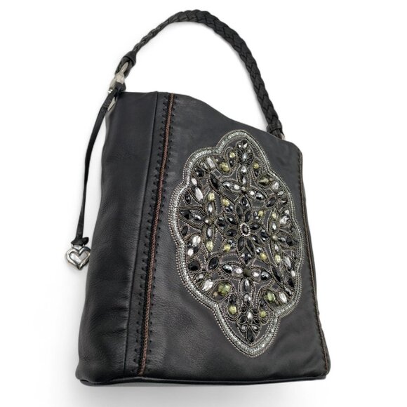 Brighton Anjulina Anju Black Beaded Soft Leather Bucket Shoulder Bag F147953 - Picture 5 of 16